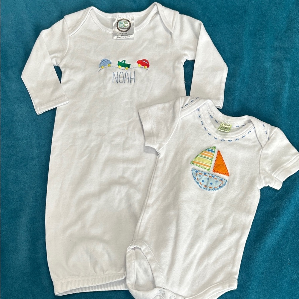 Baby boys appliqué sailboat and embroidered car/ truck gown